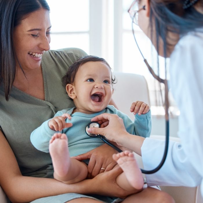 Mother,,Baby,And,Stethoscope,Of,Pediatrician,For,Healthcare,Consulting,,Check